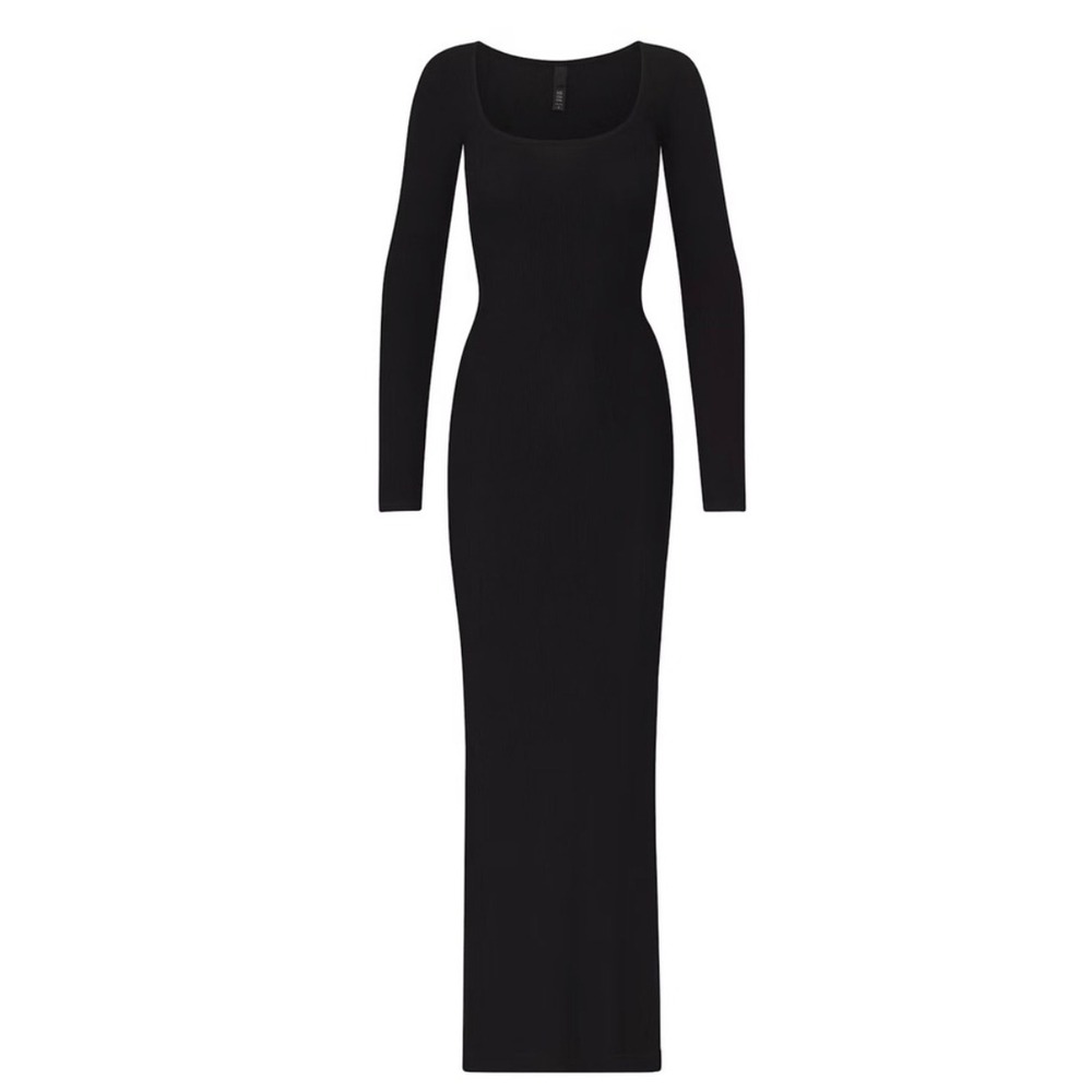 SKIMS Soft Lounge Long Sleeve Dress Onyx Black Ribbed Maxi XS Bodycon